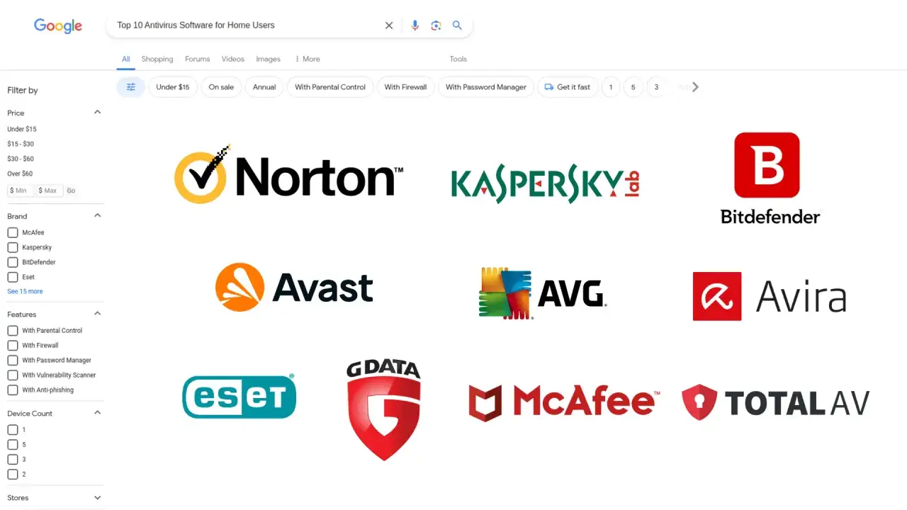 Szukasz darmowego antywirusa na Windows 11? Na ekranie widzisz loga znanych marek jak Norton, Kaspersky, Bitdefender, Avast, AVG, ESET, McAfee, Avira i TotalAV.
