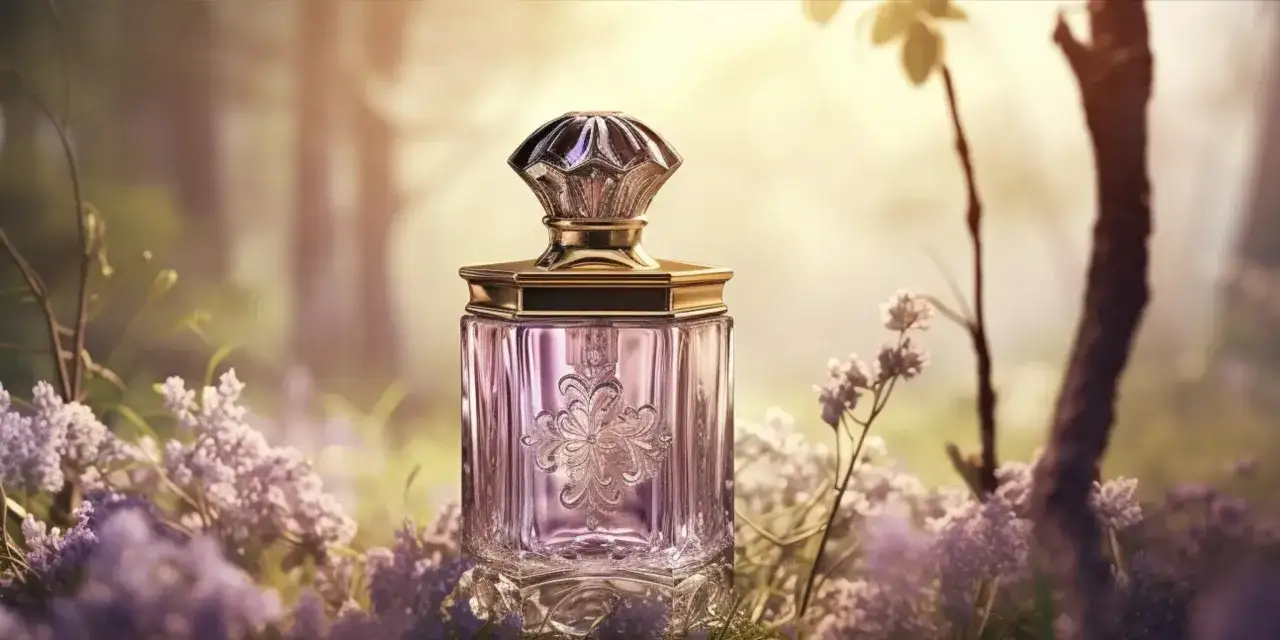 Elegancka butelka perfum fougere wśród delikatnych kwiatów.