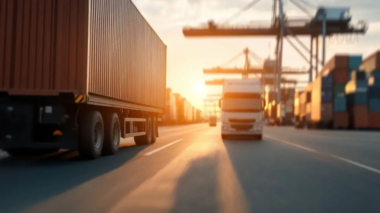 Ciężarówki z kontenerami na tle portowych dźwigów i zachodzącego słońca. Globalna konsolidacja giełda transportowa w akcji.