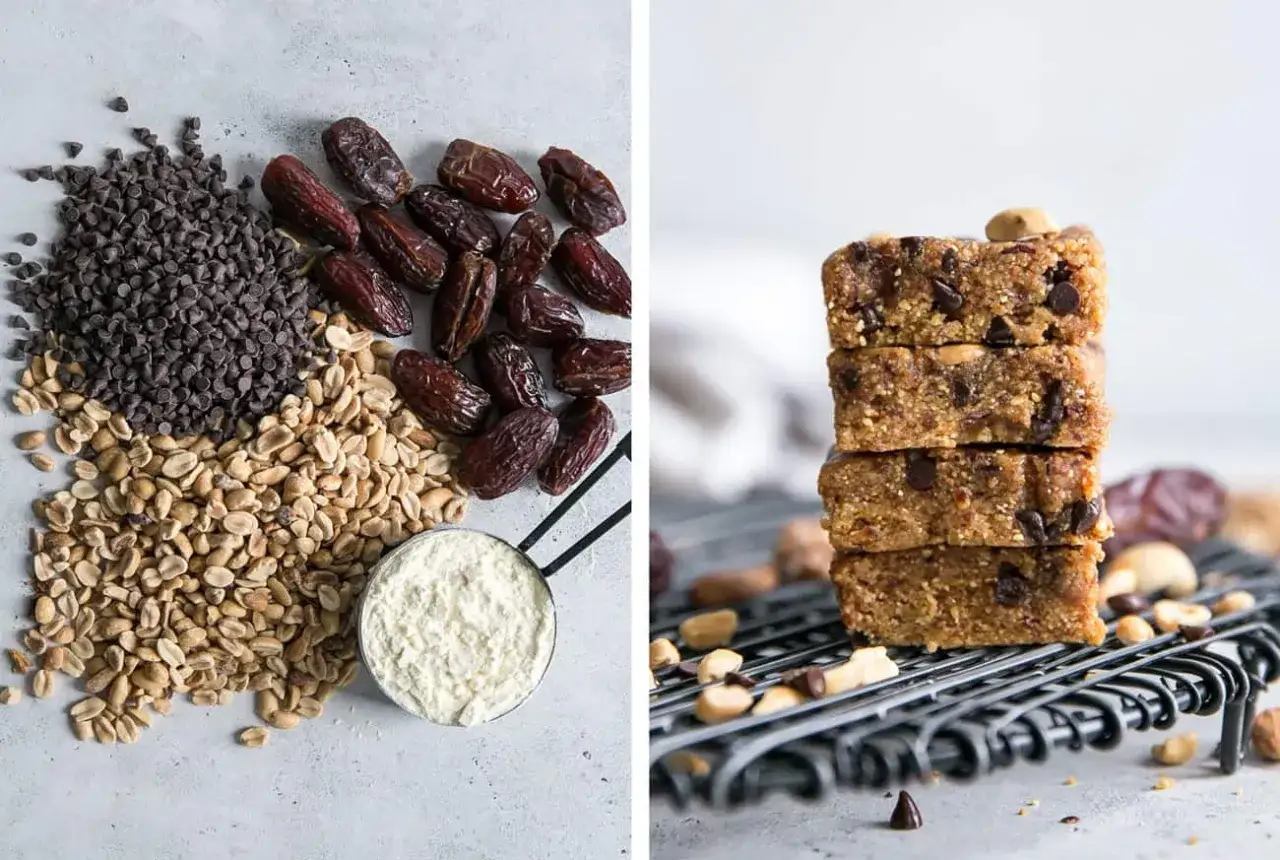 Ingrédients pour une barre protéinée maison : dattes, cacahuètes, pépites de chocolat et poudre protéinée. Empilement de barres protéinées maison sur une grille.