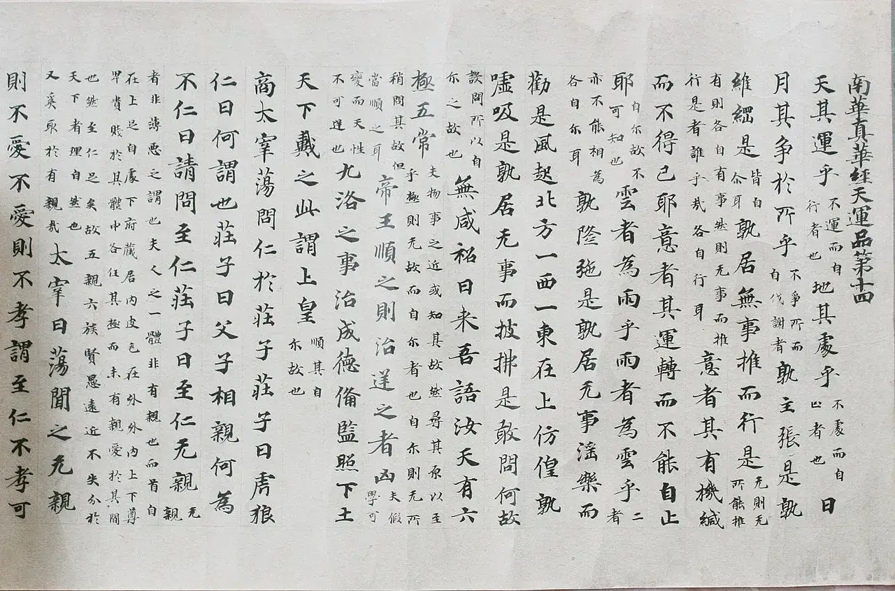 Antico testo calligrafico cinese, forse il Tao Te Ching, con caratteri neri su carta chiara.
