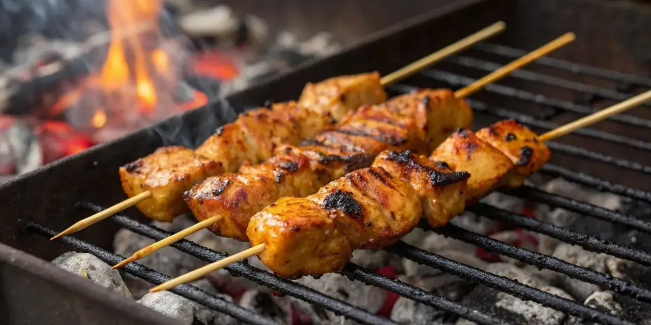 Saftige Schaschlik-Spie&szlig;e brutzeln &uuml;ber gl&uuml;hender Kohle auf einem Grill. Flammen lodern im Hintergrund.