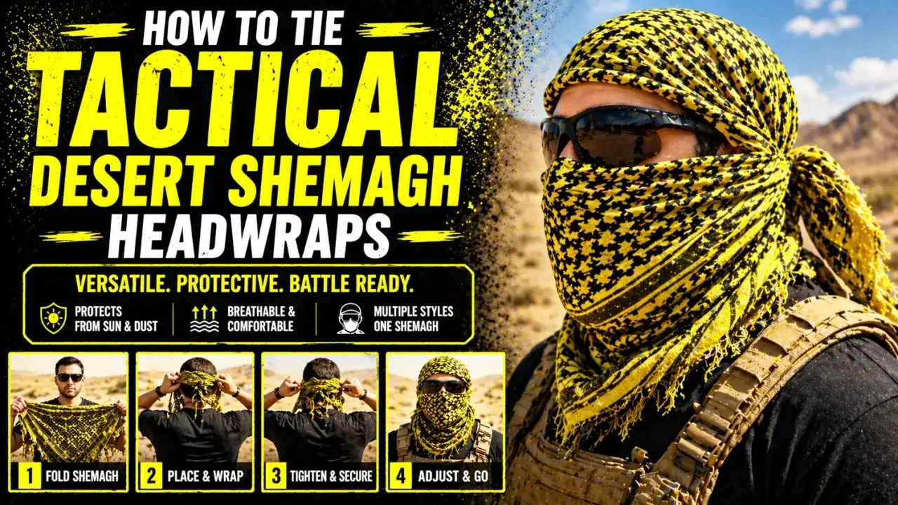 Hombre con pa&ntilde;uelo shemagh amarillo y negro, protegiendo del sol y el polvo. Instrucciones de atado.