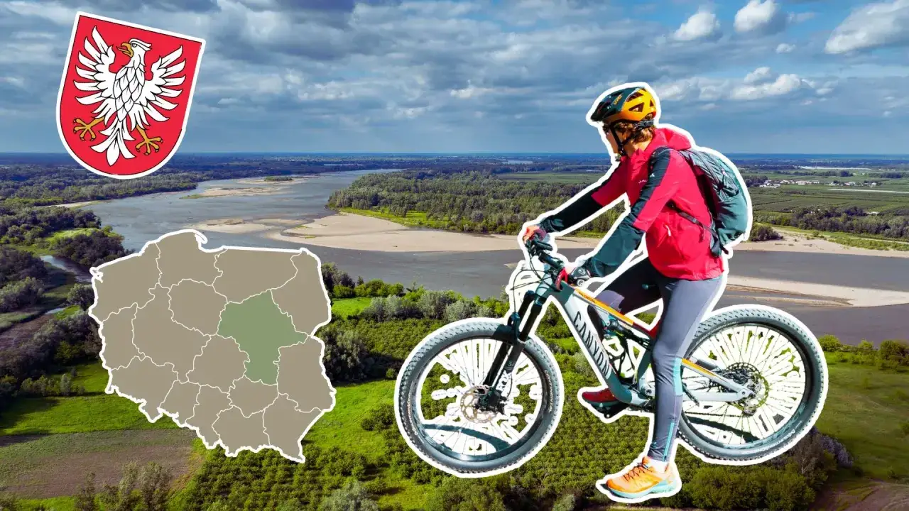 Odkryj najładniejsze trasy rowerowe na Mazowszu! Rowerzystka w kasku i czerwonej kurtce przemierza malownicze krajobrazy nad Wisłą.