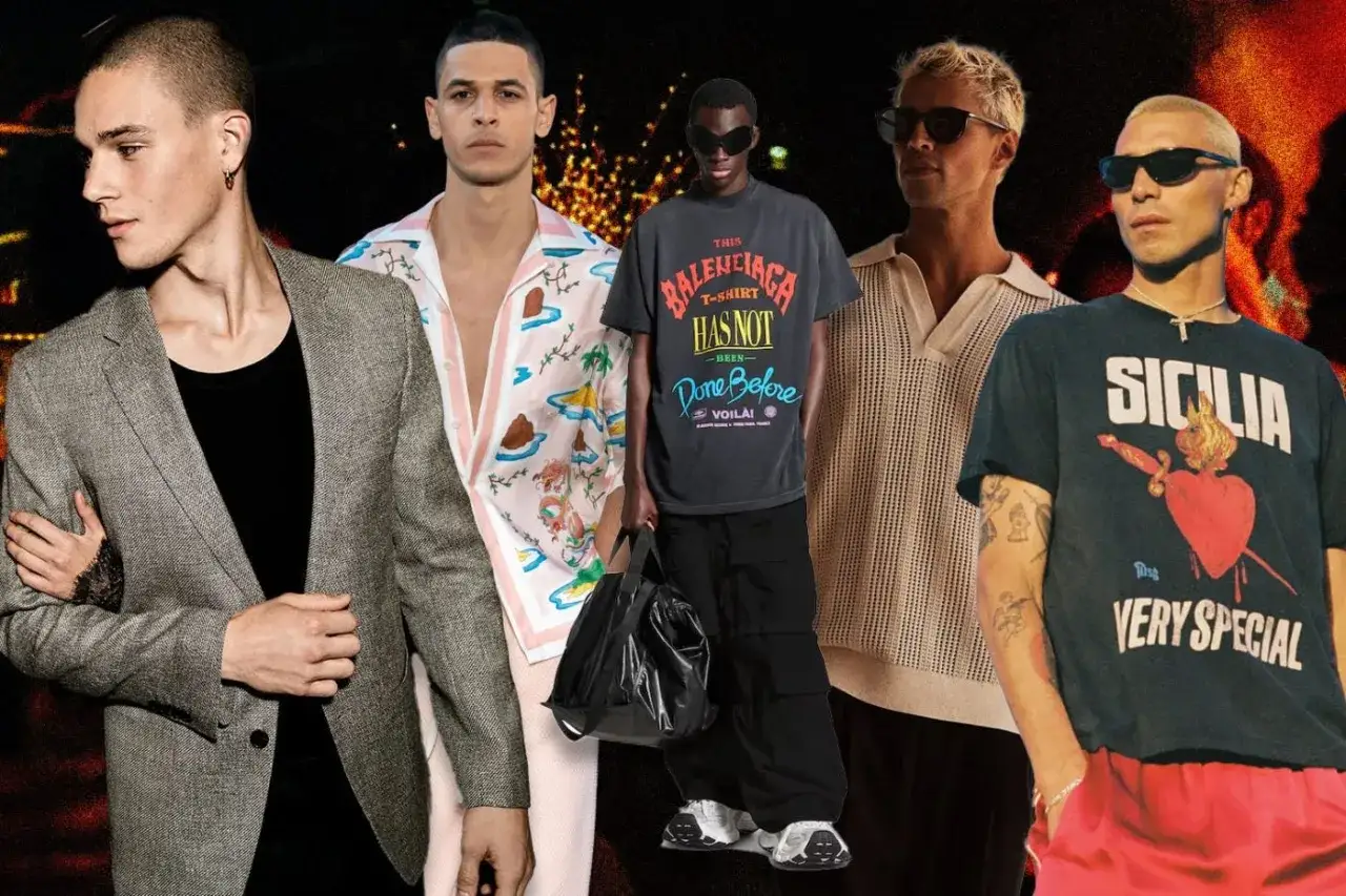 Męskie stylizacje do klubu: marynarka, koszula w tropikalne wzory, t-shirty z napisami i luźne spodnie.