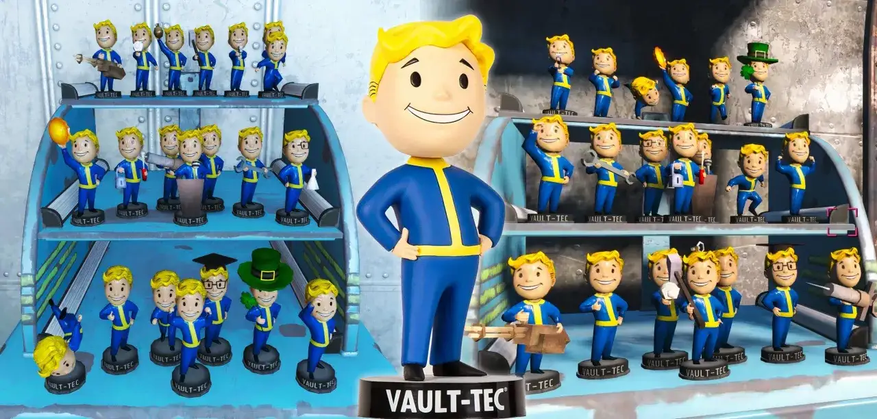 Colección de cabezones de Fallout 4, con el personaje principal sonriente y varios Vault Boy en diferentes poses y con objetos.