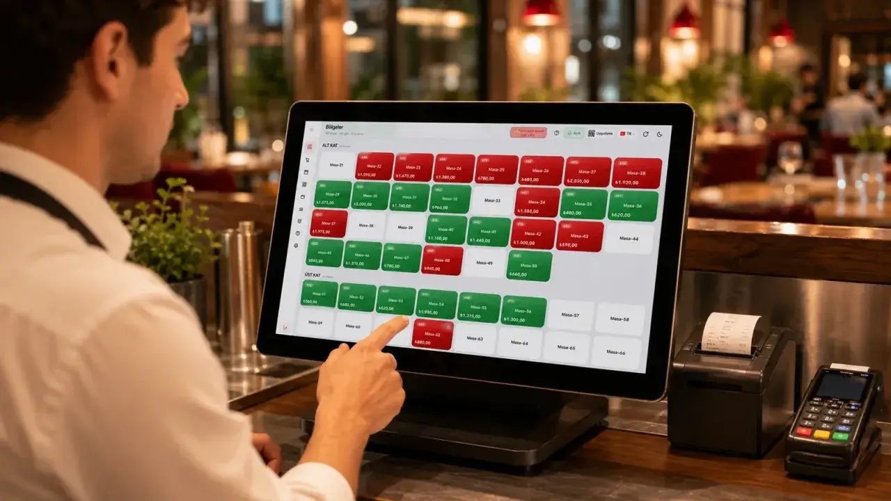 Camarero usa software para restaurantes gratis en pantalla t&aacute;ctil para gestionar mesas.
