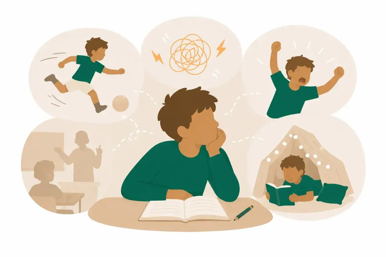 En pojke med adhd, manisk, drömmer sig bort från läxan till fotboll, ilska, skola och läsning i tält.