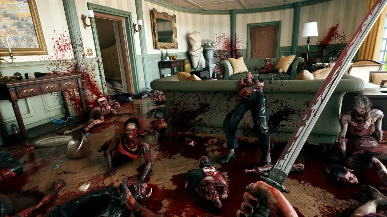 La scena di una **dead island 2 recensione** &egrave; cruenta: cadaveri e sangue ovunque in un lussuoso salotto.