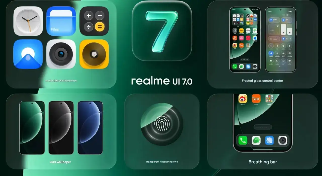 Nowe funkcje realme UI 7.0: ikony, tapety, centrum sterowania i pasek oddechu.