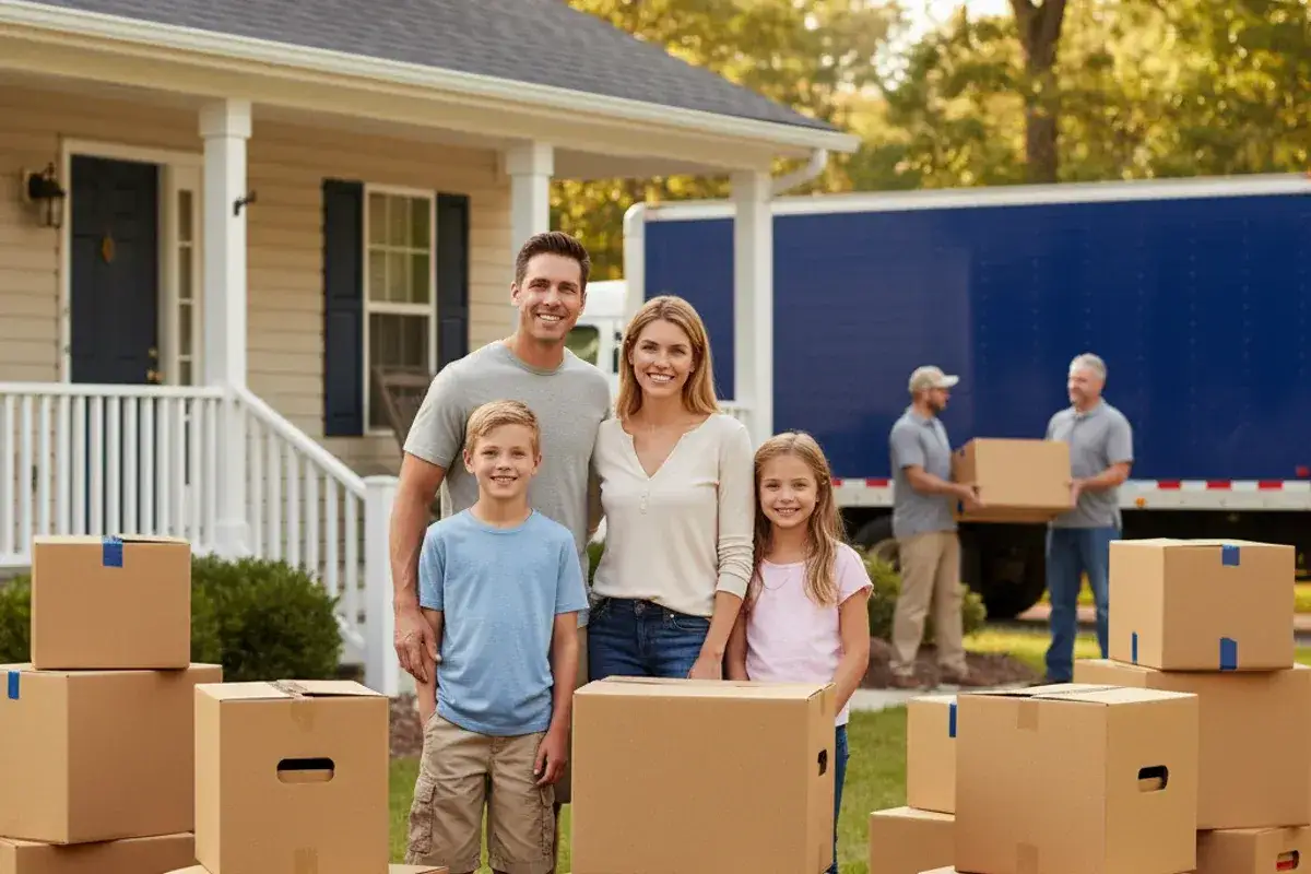 Famille souriante devant sa nouvelle maison, entourée de cartons. Des déménageurs chargent un camion. Une question se pose : combien coûte un déménagement ?