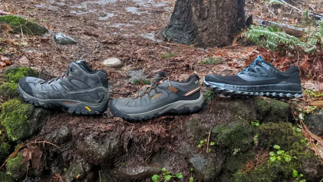 Three pairs of shoes sit on a mossy, wet forest floor, showcasing the differences between trail running shoes vs hiking shoes.