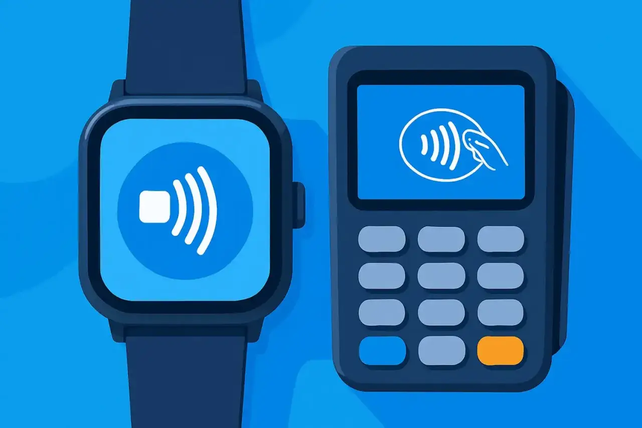 Montre connectée sans internet effectuant un paiement sans contact. Icône de paiement sans fil sur la montre et le terminal.
