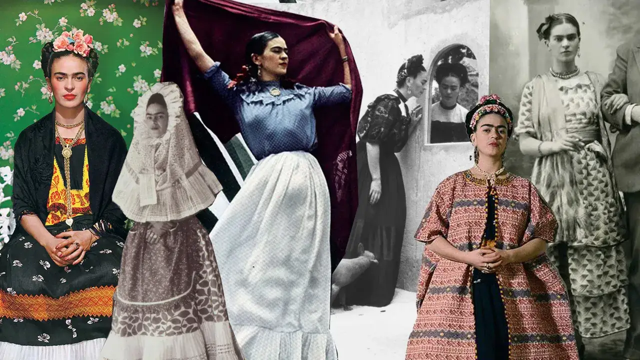 Frida Kahlo zeigt ihren ikonischen Kleidungsstil: bunte R&ouml;cke, traditionelle Blusen und Blumen im Haar.