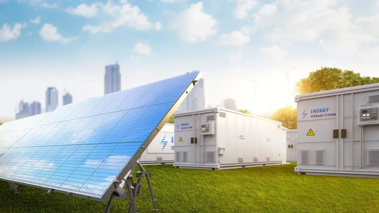 Panele słoneczne i kontenery magazynujące energię elektryczną w domu, na tle miasta i wiatraków.