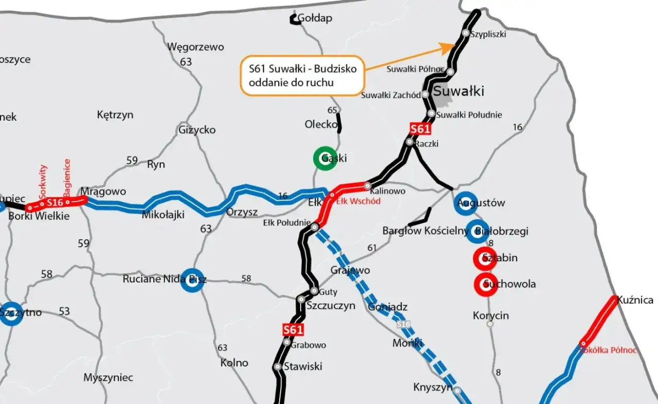 Mapa drogowa z zaznaczoną trasą S61 Suwałki - Budzisko, pokazująca przebieg drogi przez Augustów, Ełk i Mrągowo.
