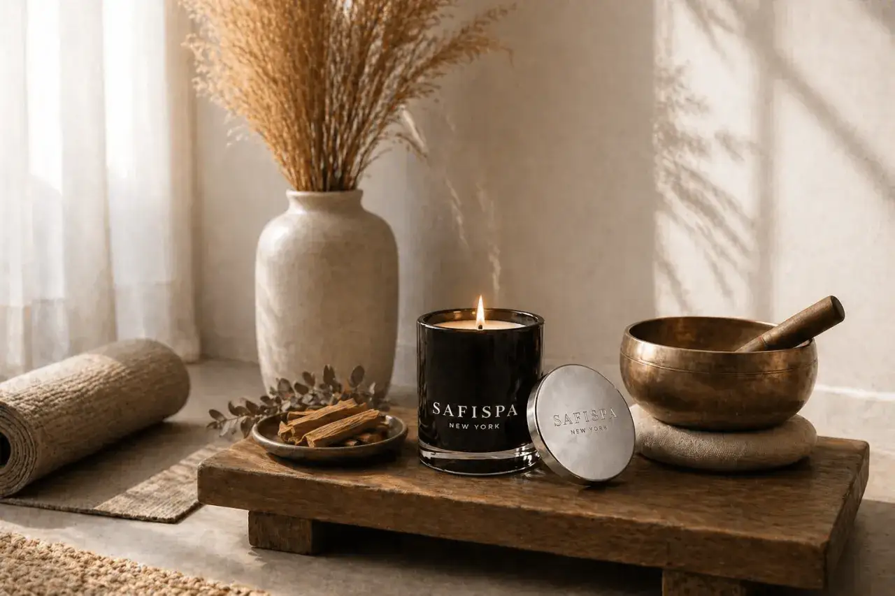 A serene scene with a lit sandalwood candle, sticks, and a singing bowl, evoking the healing properties of sandalwood for relaxation and well-being.