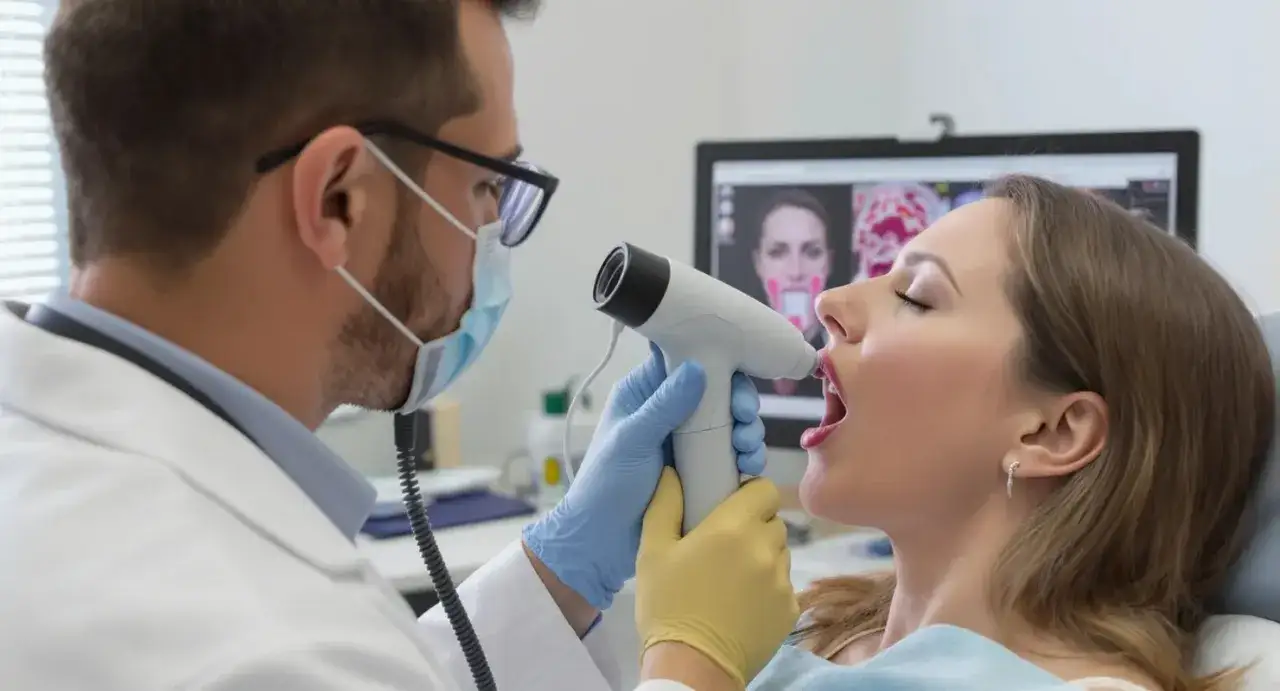 Lekarz bada gardło pacjentki, która otwiera usta. Na ekranie komputera widać obraz jamy ustnej. To może być początek diagnozy, czy potrzebny będzie antybiotyk na anginę.