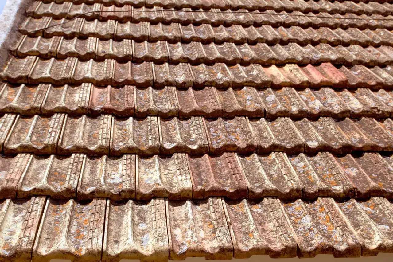 Stare dachówki ceramiczne, z widocznymi śladami mchu i porostów. Zastanawiasz się, ile farby na 100m2 dachu?