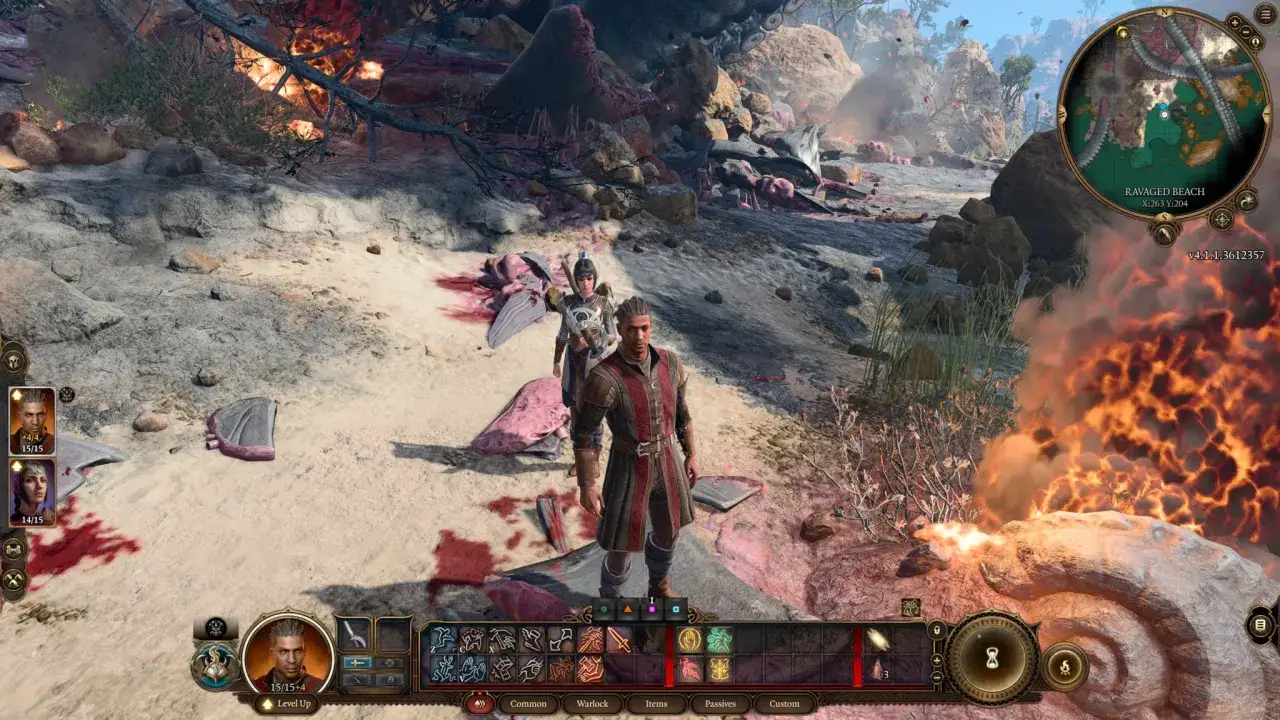 Postapokaliptyczna plaża z płonącymi szczątkami i dwoma postaciami. Gra Baldur's Gate 3 wymagania sprzętowe są wysokie, by cieszyć się taką grafiką.