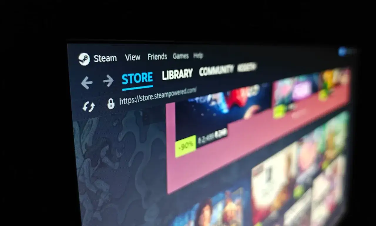 Ekran komputera z otwartym sklepem Steam. Widać pasek adresu z napisem 