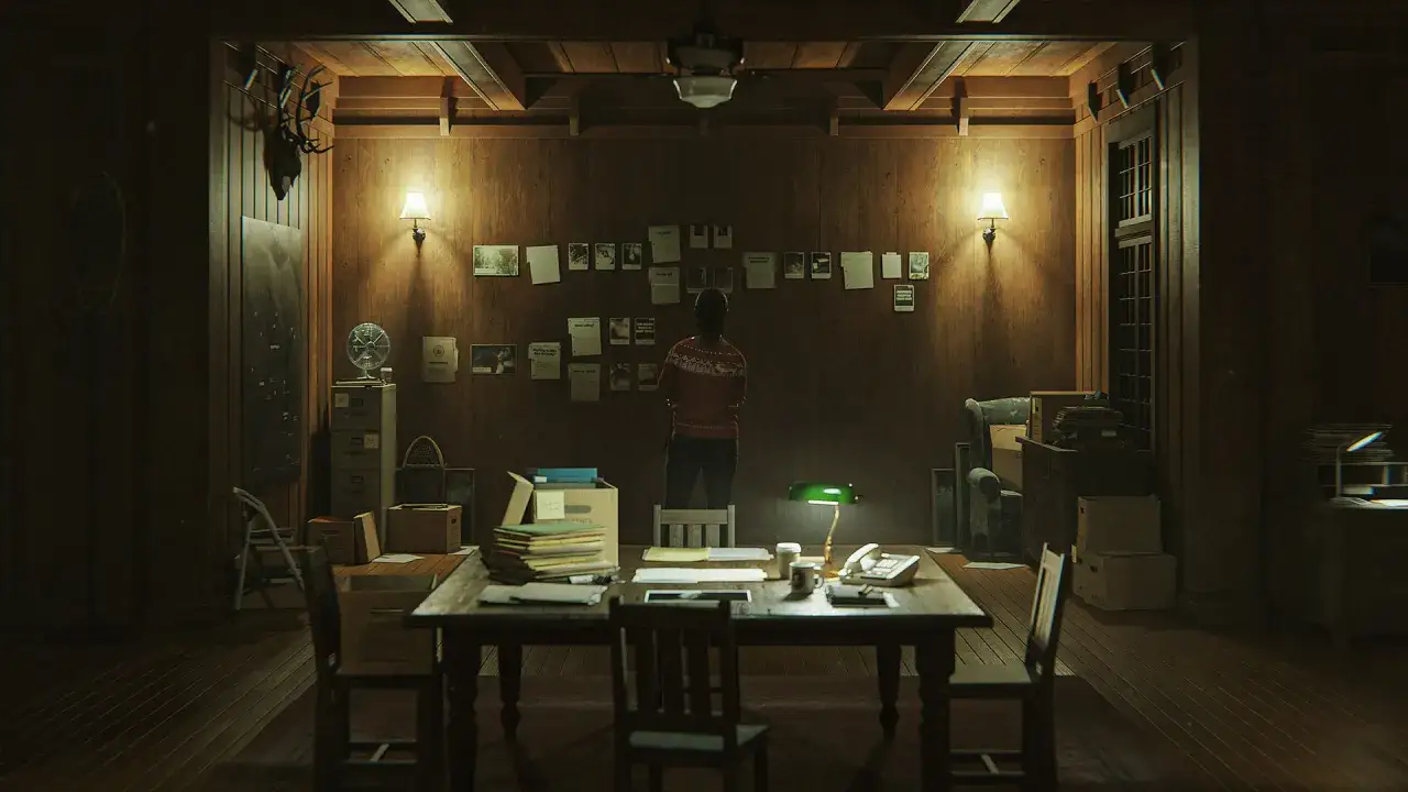 Mroczny pokój z tablicą dowodów, idealny do tworzenia **Alan Wake 2 poradnik**. Postać w swetrze analizuje informacje.