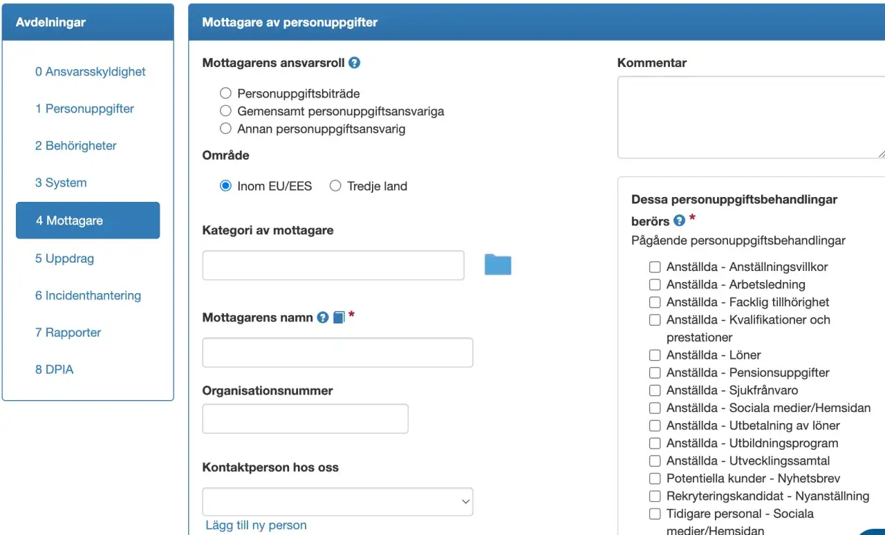 Formul&auml;r f&ouml;r att registrera personuppgiftsmottagare, inklusive f&auml;lt f&ouml;r namn, organisation och vilken typ av personuppgiftsbehandling som ber&ouml;rs, enligt artikel 30 GDPR.