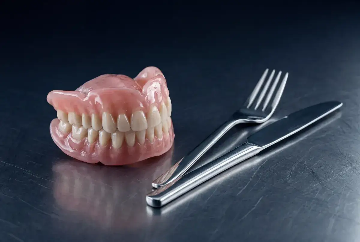 Un set di denti finti accanto a forchetta e coltello, un promemoria per abituarsi alla dentiera e tornare a gustare i cibi.