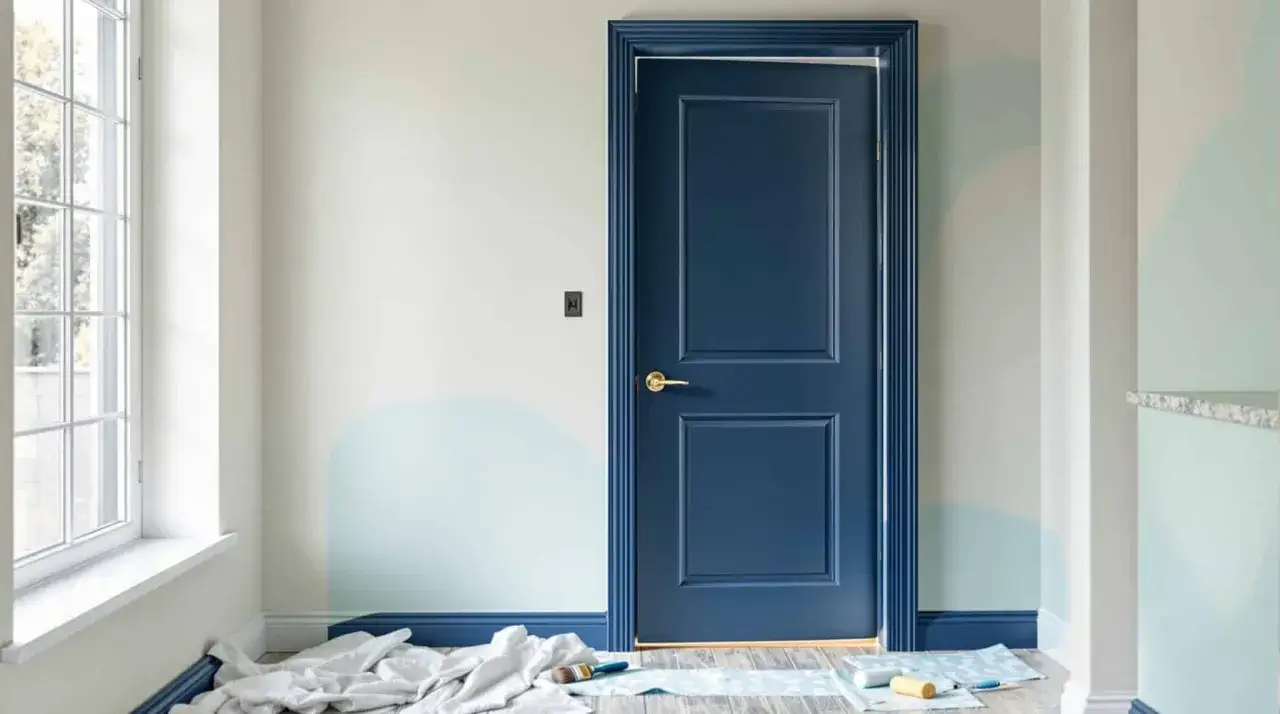 Une porte intérieure bleu marine, fraîchement peinte, se dresse dans une pièce en cours de rénovation. Des rouleaux et des bâches au sol témoignent de la peinture.
