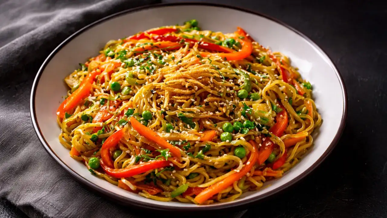 Eine Sch&uuml;ssel mit gebratenen chinesischen Nudeln, garniert mit Erbsen, Karottenstreifen, Paprika und Sesam.