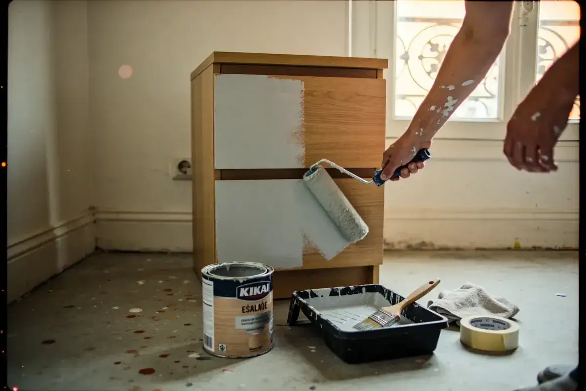 Une main utilise un rouleau pour peindre du m&eacute;lamin&eacute; sur une commode en bois. Un pot de peinture, un bac, un pinceau et du ruban adh&eacute;sif sont au sol.