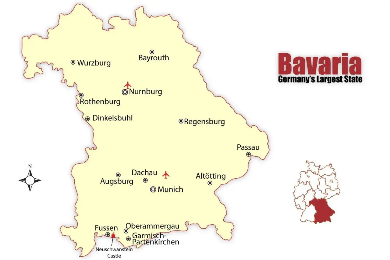 Mapa Bawarii z zaznaczonymi miastami. Gdzie jest Monachium? W południowej części Bawarii, blisko Dachau i Augsburga.