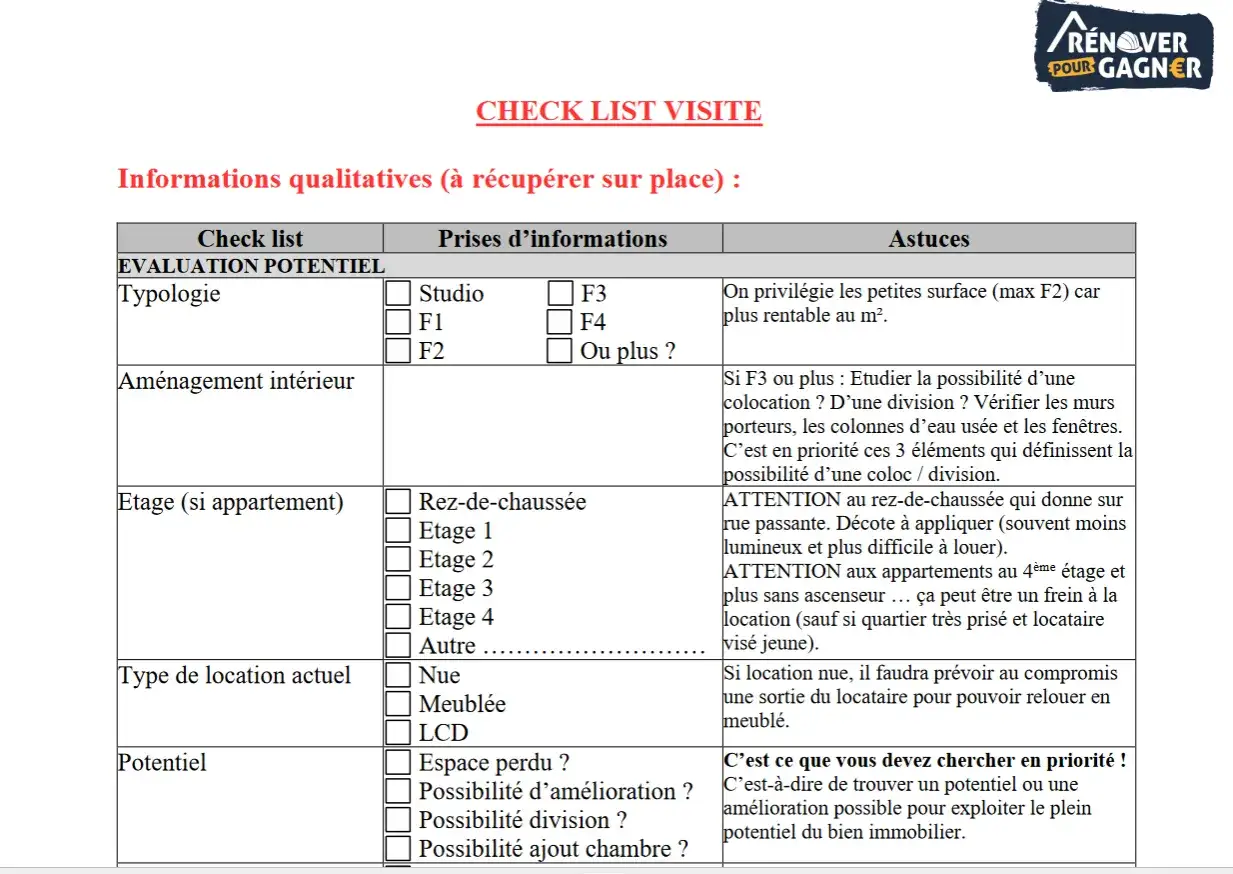Check-list pour une visite maison : évaluation du potentiel, typologie, aménagement, étage, type de location et astuces pour optimiser.