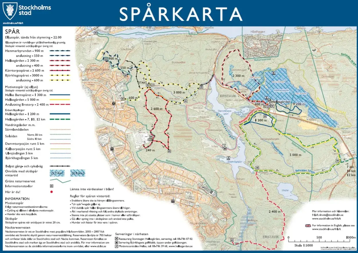 Karta över spår i naturreservat Stockholm. Visar vandringsleder, skidspår och motionsspår med längder.