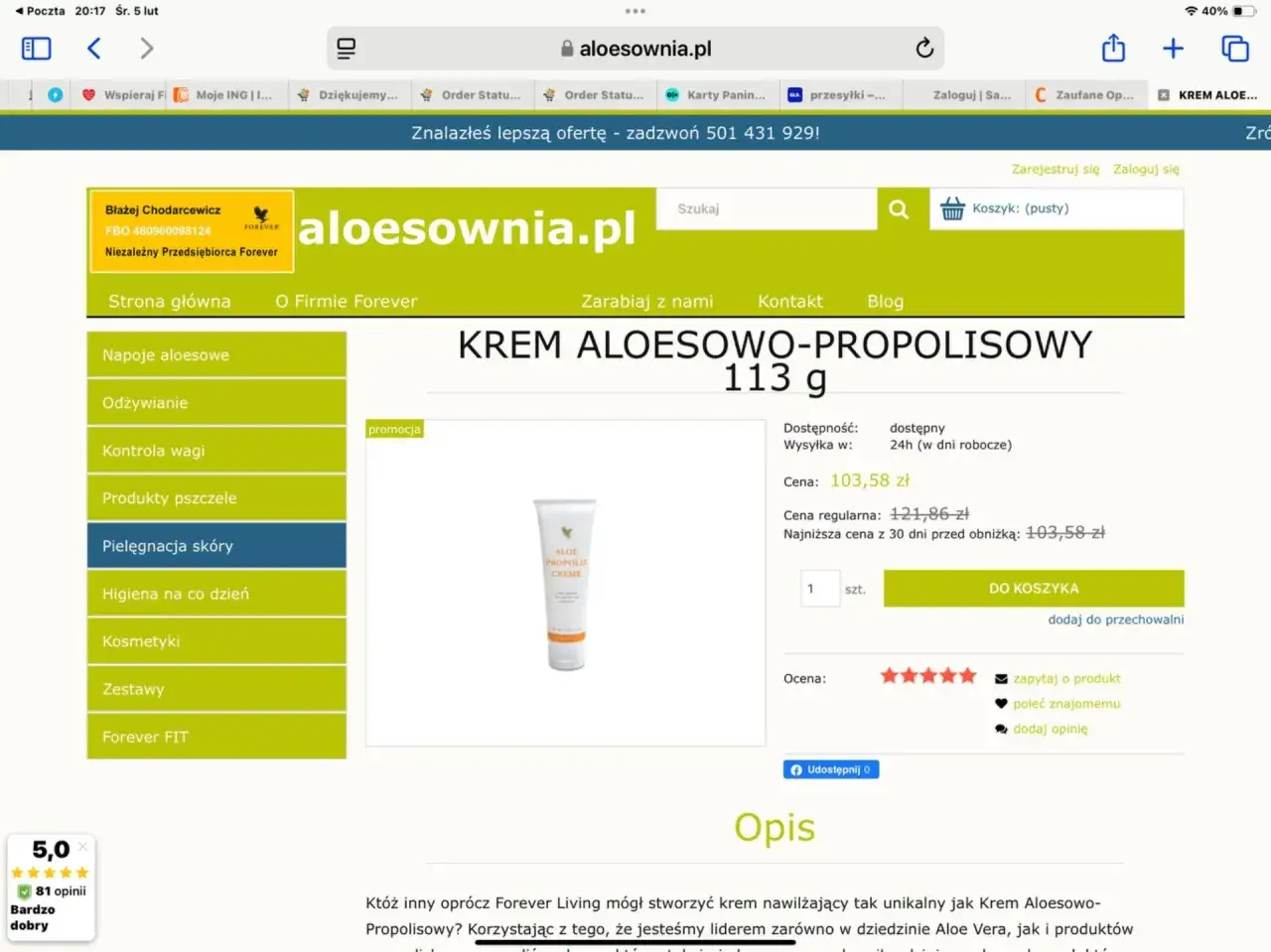 Krem Aloesowo-Propolisowy 113g z aloesem i propolisem, idealny do pielęgnacji skóry.