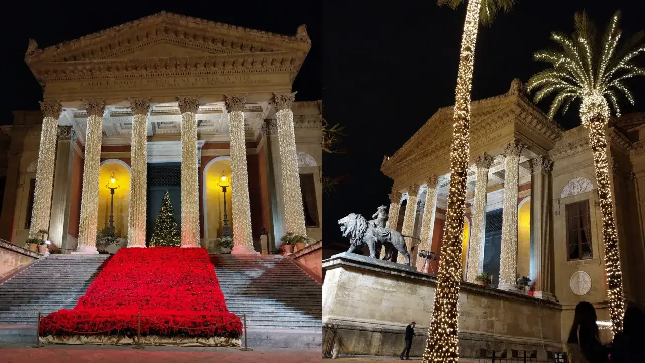 Palermo a Natale: Teatro Massimo illuminato da luci scintillanti, con un tappeto rosso di stelle di Natale e un albero addobbato.