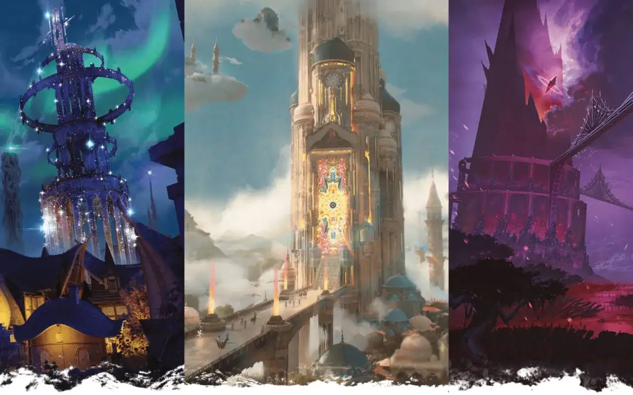 Trzy fantastyczne krajobrazy: wieża pod zorzą polarną, złota wieża w chmurach i mroczna forteca. To niesamowity planescape.