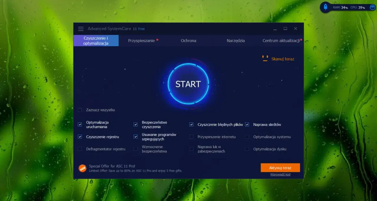 Interfejs programu Advanced SystemCare 11 Free z opcjami czyszczenia i optymalizacji. Czy darmowe programy czyszczące komputer faktycznie przyspieszają system?