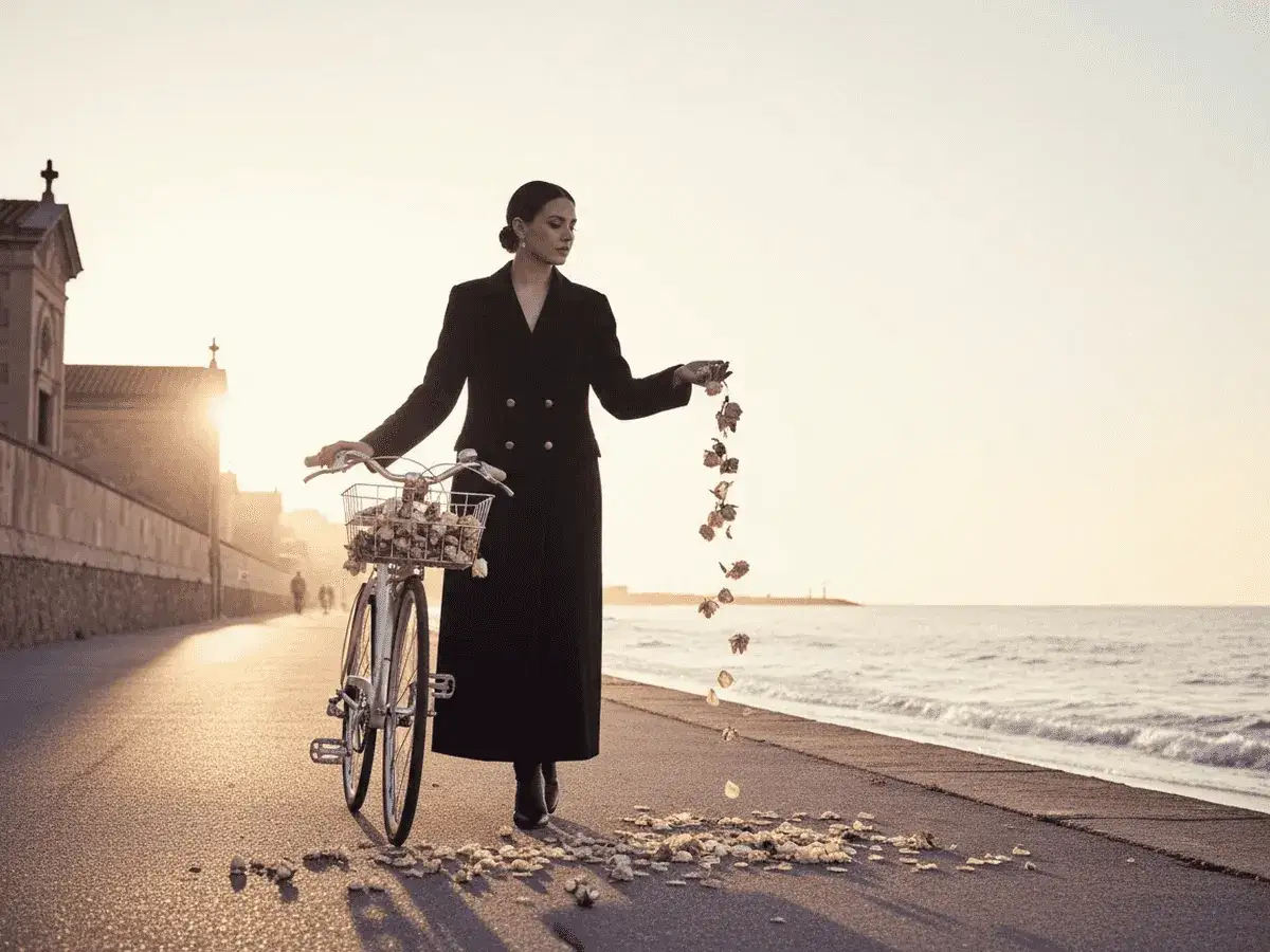 Mujer con bicicleta esparce p&eacute;talos, evocando la dualidad de muerte y enamorados en el tarot.