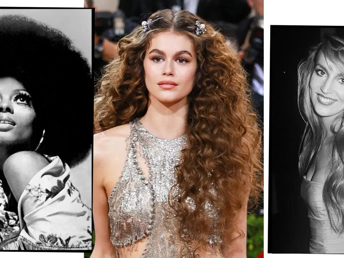 Ikony stylu: Diana Ross z afro, Kaia Gerber w lokach i uśmiechnięta blondynka. Inspiracje na lata 70. fryzury.