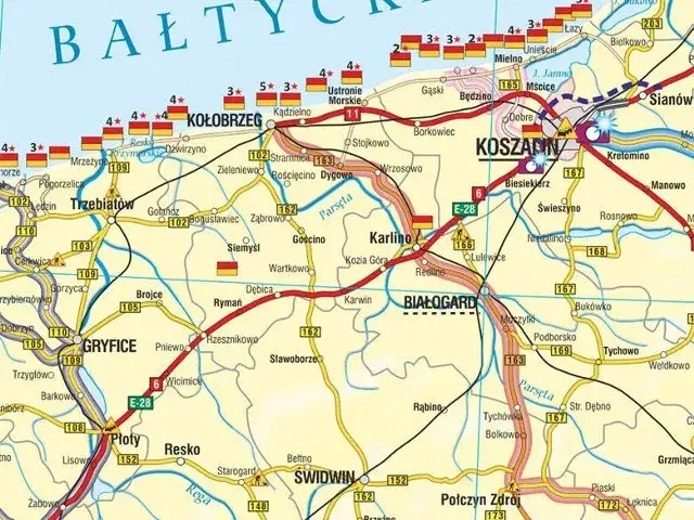 Mapa tras samochodowych do Kołobrzegu z różnych miast Polski