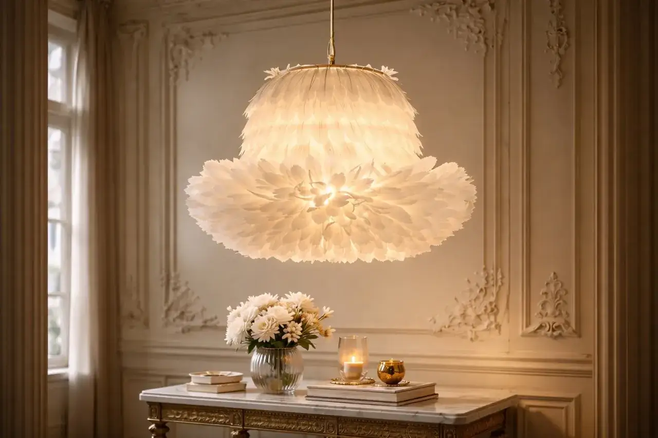 Un abat-jour DIY en plumes blanches, doux et a&eacute;rien, illumine une pi&egrave;ce &eacute;l&eacute;gante.