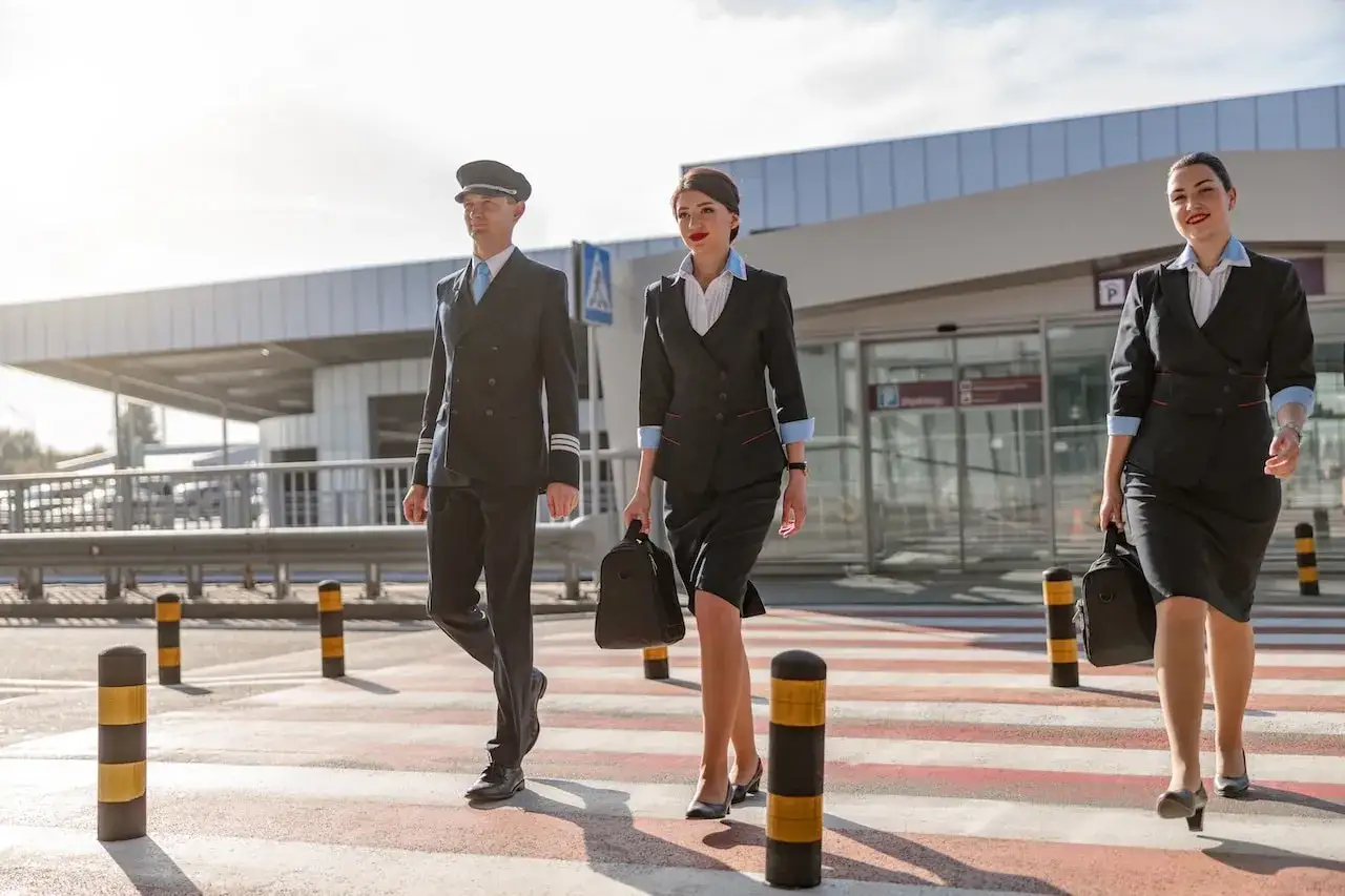 Pilot i dwie stewardessy idą przez pasy przed lotniskiem. Wkrótce czarnogóra samolotem!