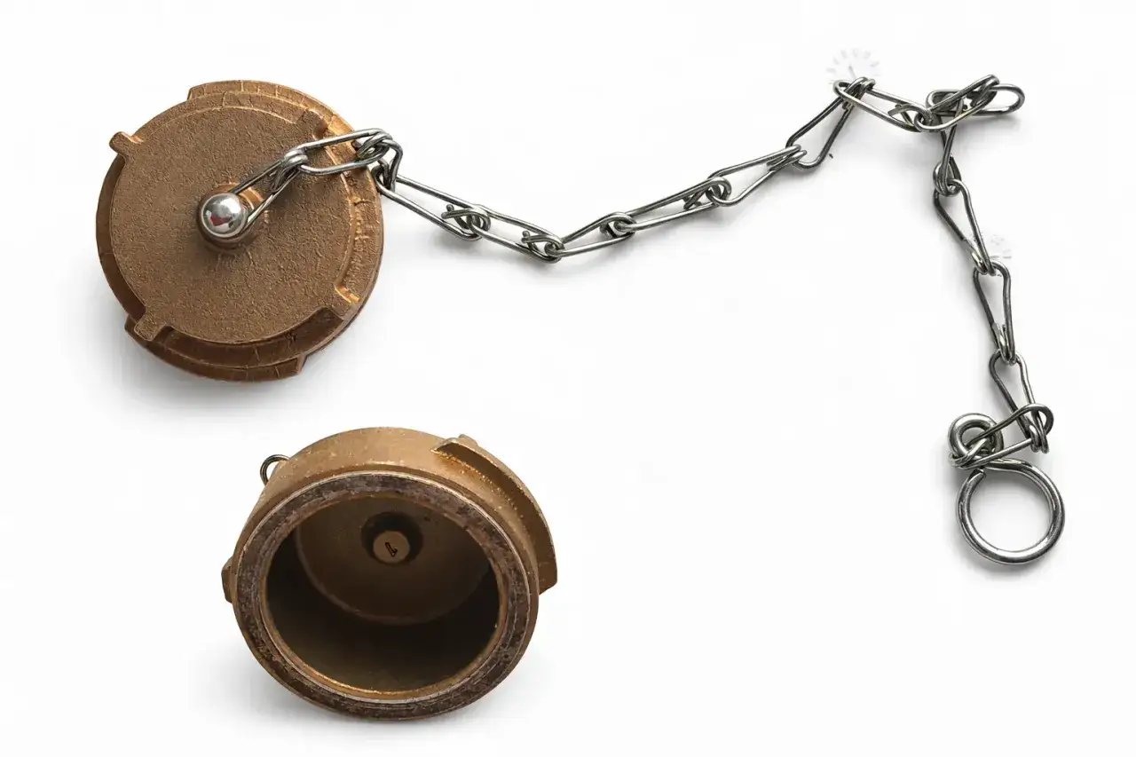 Deux bouchons en laiton reliés par une chaîne, un bouchon raccord hydraulique pour protéger les connexions.