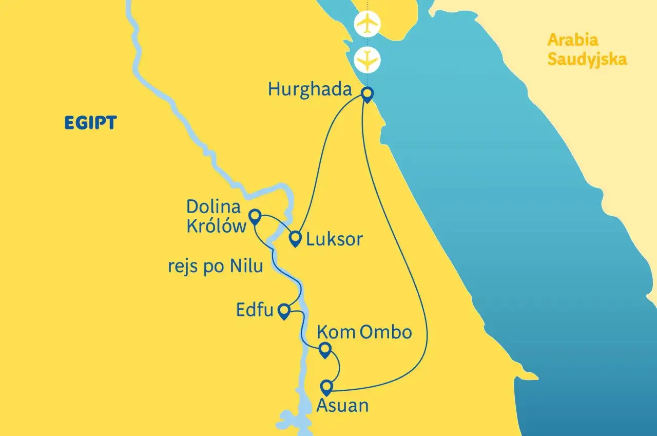 Mapa turystyczna Egiptu z zaznaczonymi atrakcjami: Hurghada, Luksor, Dolina Królów, Edfu, Kom Ombo, Asuan. Pokazuje trasę rejsu po Nilu i sugeruje, ile się leci do Egiptu.