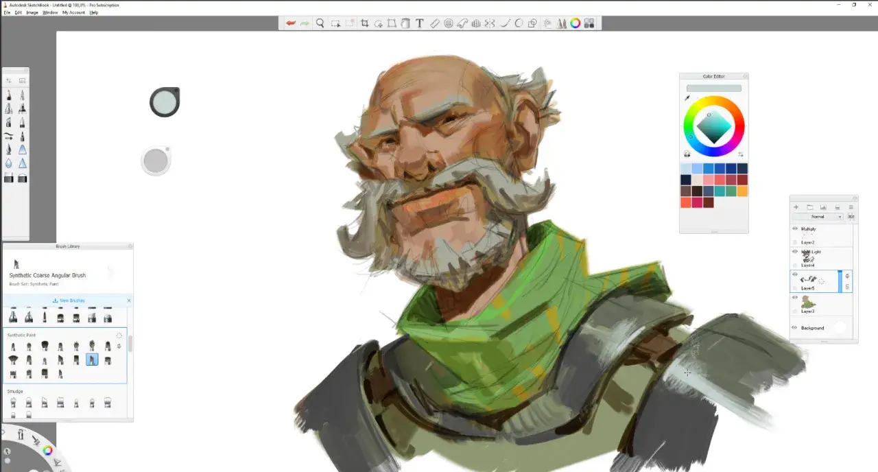 Program do rysowania na tablecie. Szkic brodatego mężczyzny w zielonym szalu, tworzony w Autodesk Sketchbook.