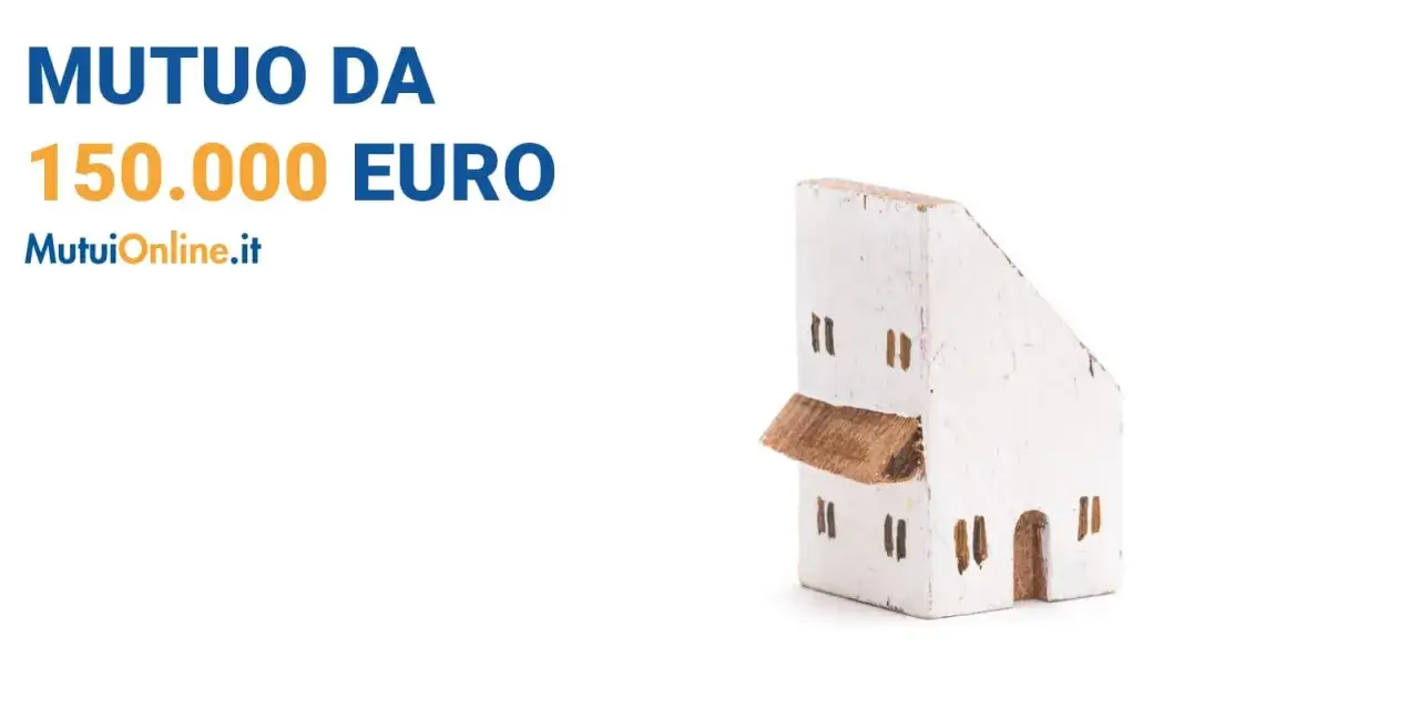 Mutuo da 150.000 euro per la tua casa. Modello di casa bianca su sfondo bianco.