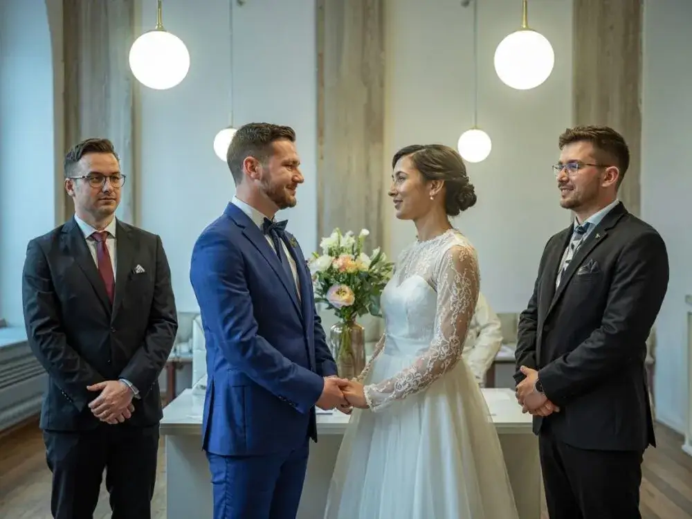 Para młoda ze świadkami w Urzędzie Stanu Cywilnego