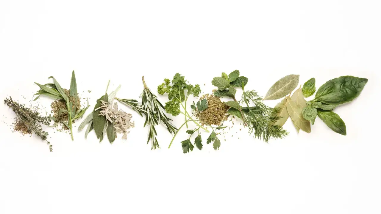 Eine Auswahl frischer und getrockneter Kräuter, darunter Thymian, Salbei, Rosmarin, Petersilie, Minze, Dill, Lorbeer und Basilikum. Getrockneter Oregano liegt in einem kleinen Haufen.