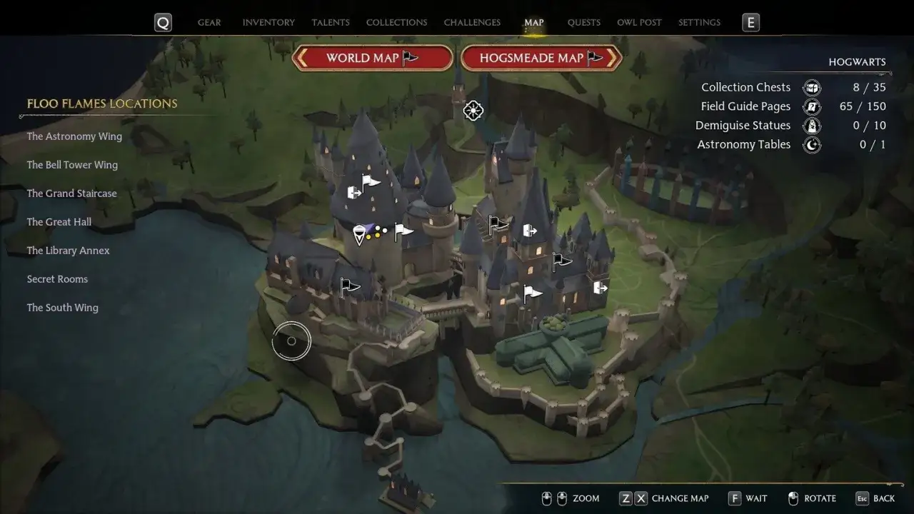 Mapa Hogwartów z zaznaczonymi lokacjami Floo Flames. Gracze zastanawiają się, ile godzin zajmie ukończenie gry Hogwarts Legacy.